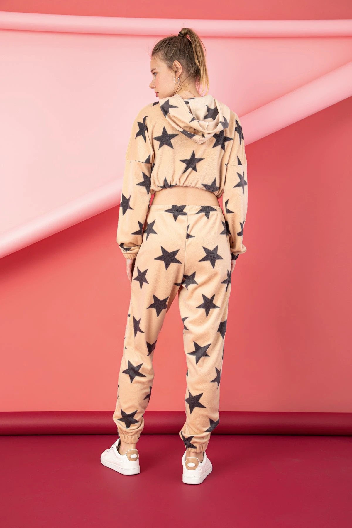 Women’s Junior Cotton Tracksuit Pajama Set – 2-Piece Star Print Crop Hoodie & Jogger Pants by M.O.S