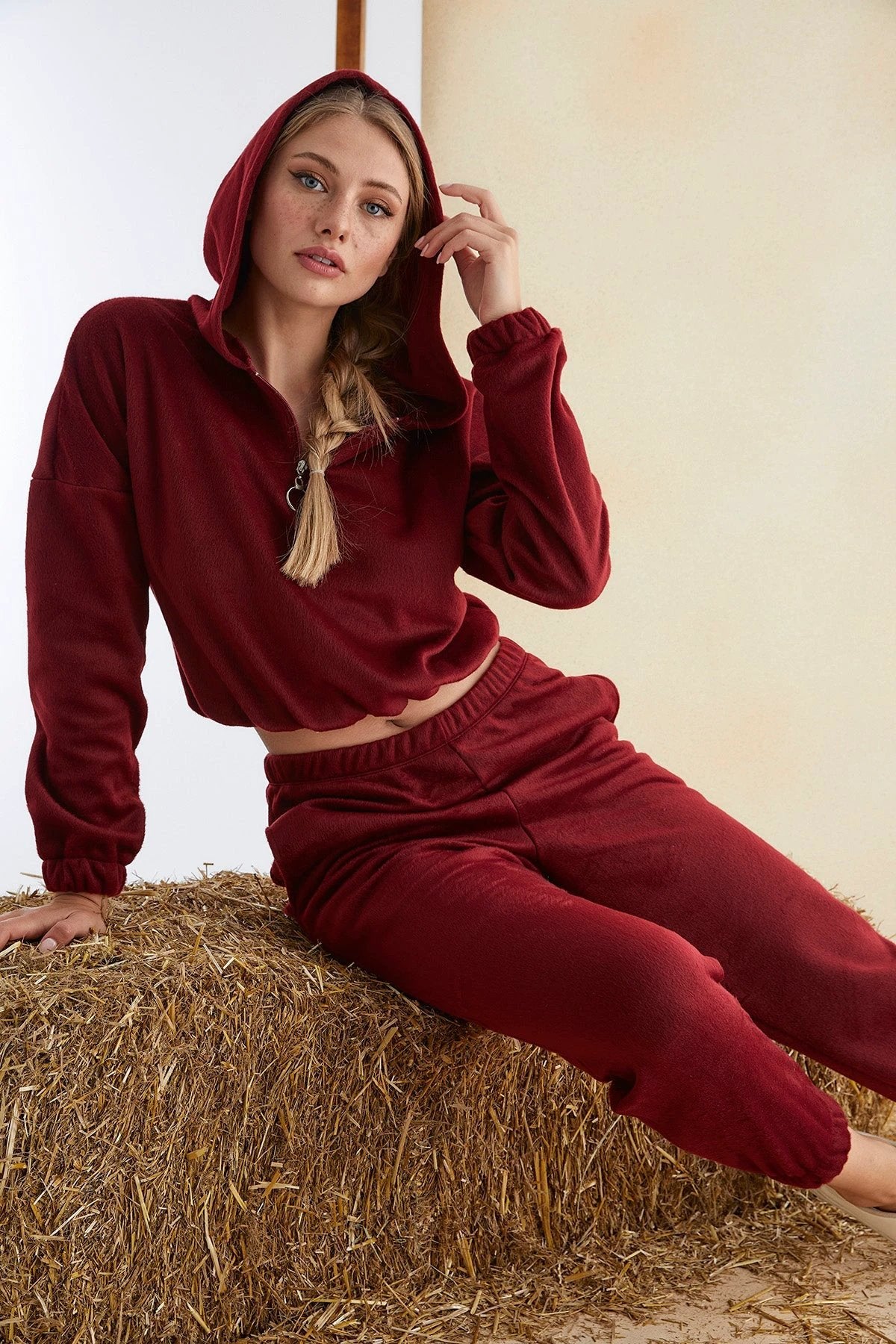 Women’s Junior Cotton Pajama Set – 2-Piece Rich Red Hoodie & Long Pants Loungewear by M.O.S