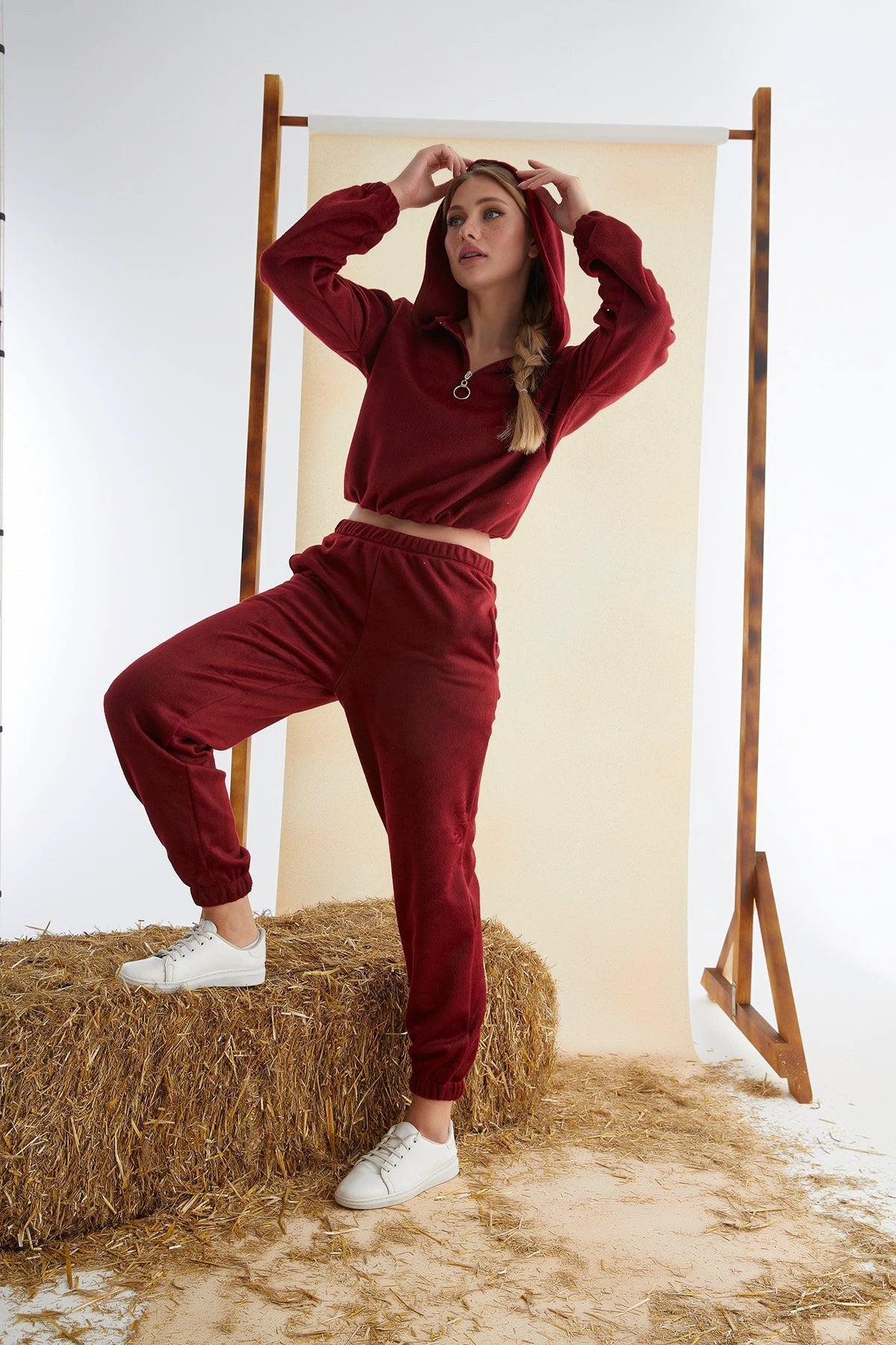 Women’s Junior Cotton Pajama Set – 2-Piece Rich Red Hoodie & Long Pants Loungewear by M.O.S