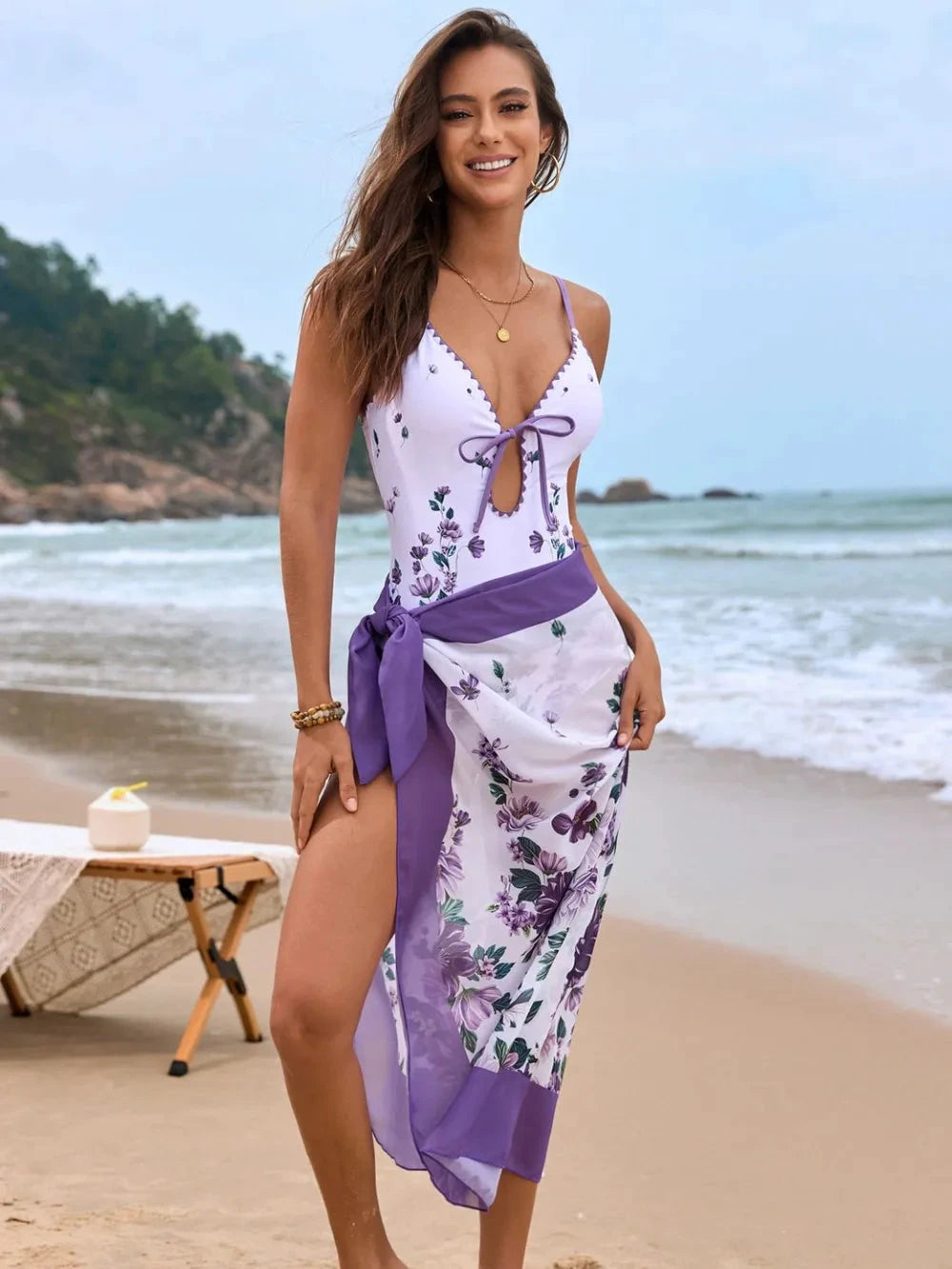 Printed Spaghetti Strap One-Piece Swimwear and Cover Up Swim Set by Trendsi