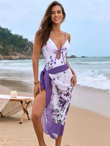 Printed Spaghetti Strap One-Piece Swimwear and Cover Up Swim Set by Trendsi