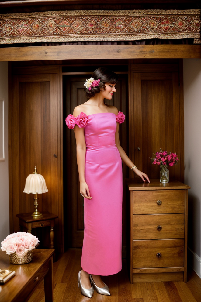 Rosette Interlude Off-Shoulder Satin Sheath Dress