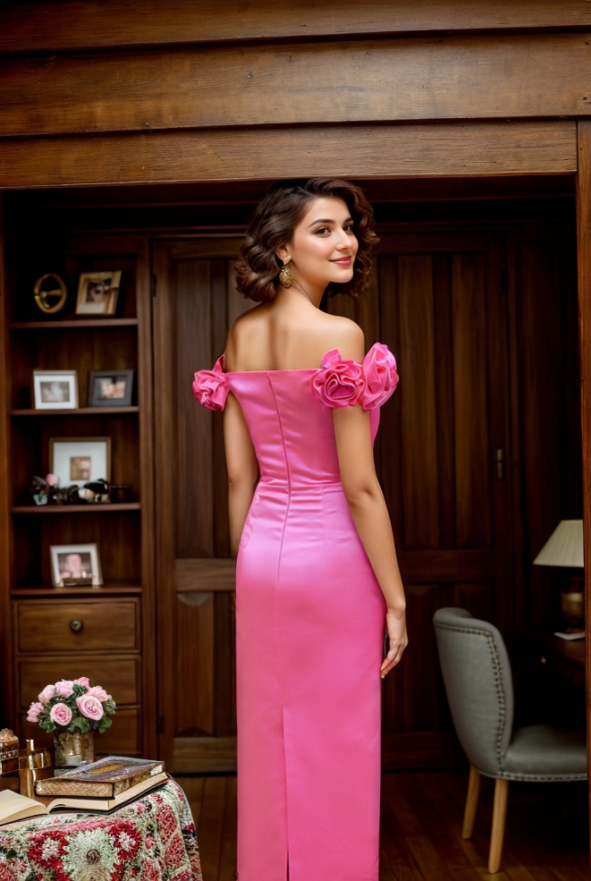 Rosette Interlude Off-Shoulder Satin Sheath Dress