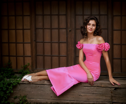 Rosette Interlude Off-Shoulder Satin Sheath Dress