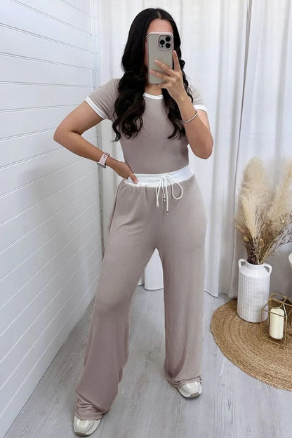 Contrast Trim Round Neck Top and Pants Set by Trendsi