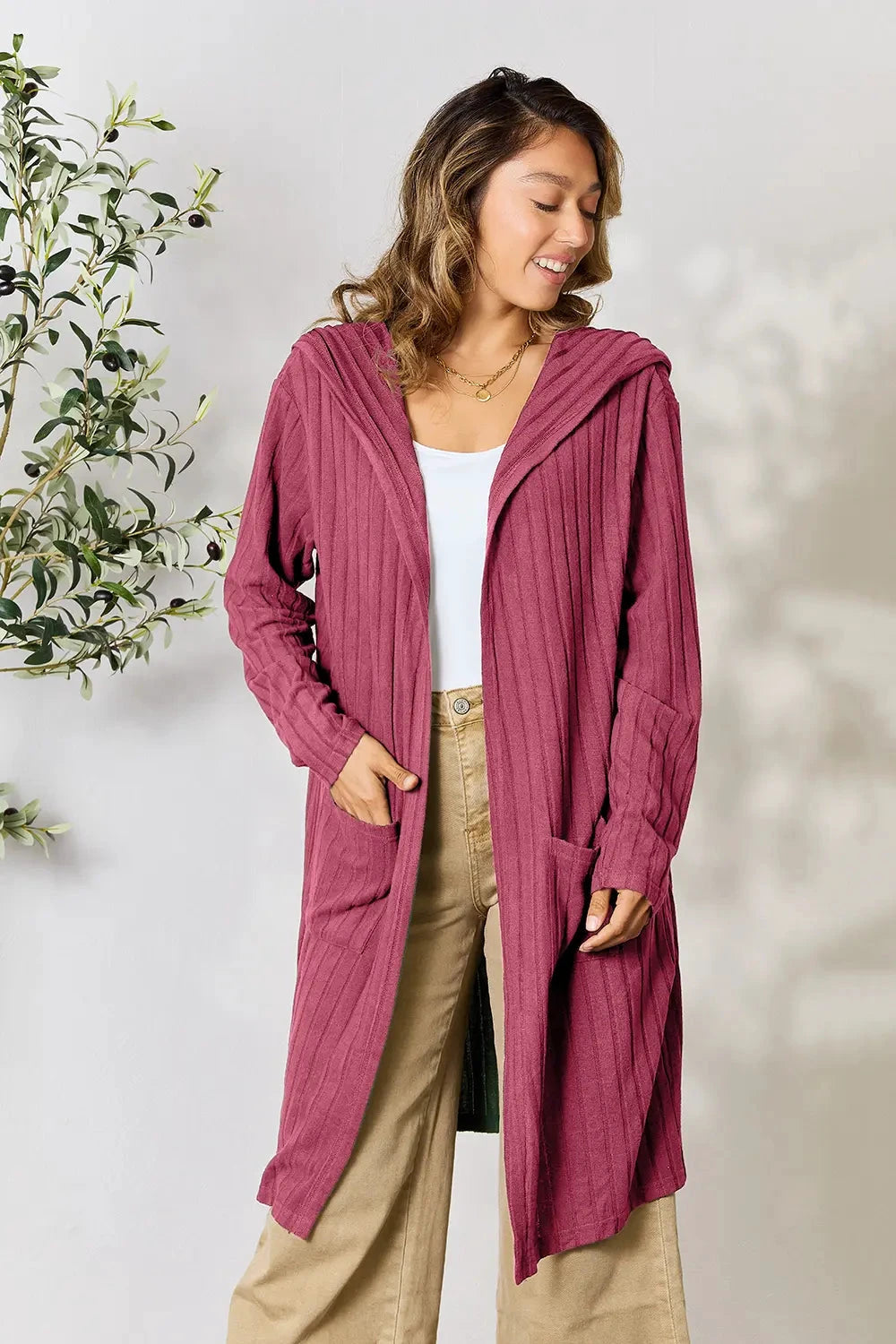 Basic Bae Full Size Hooded Sweater Cardigan With Pockets by Trendsi
