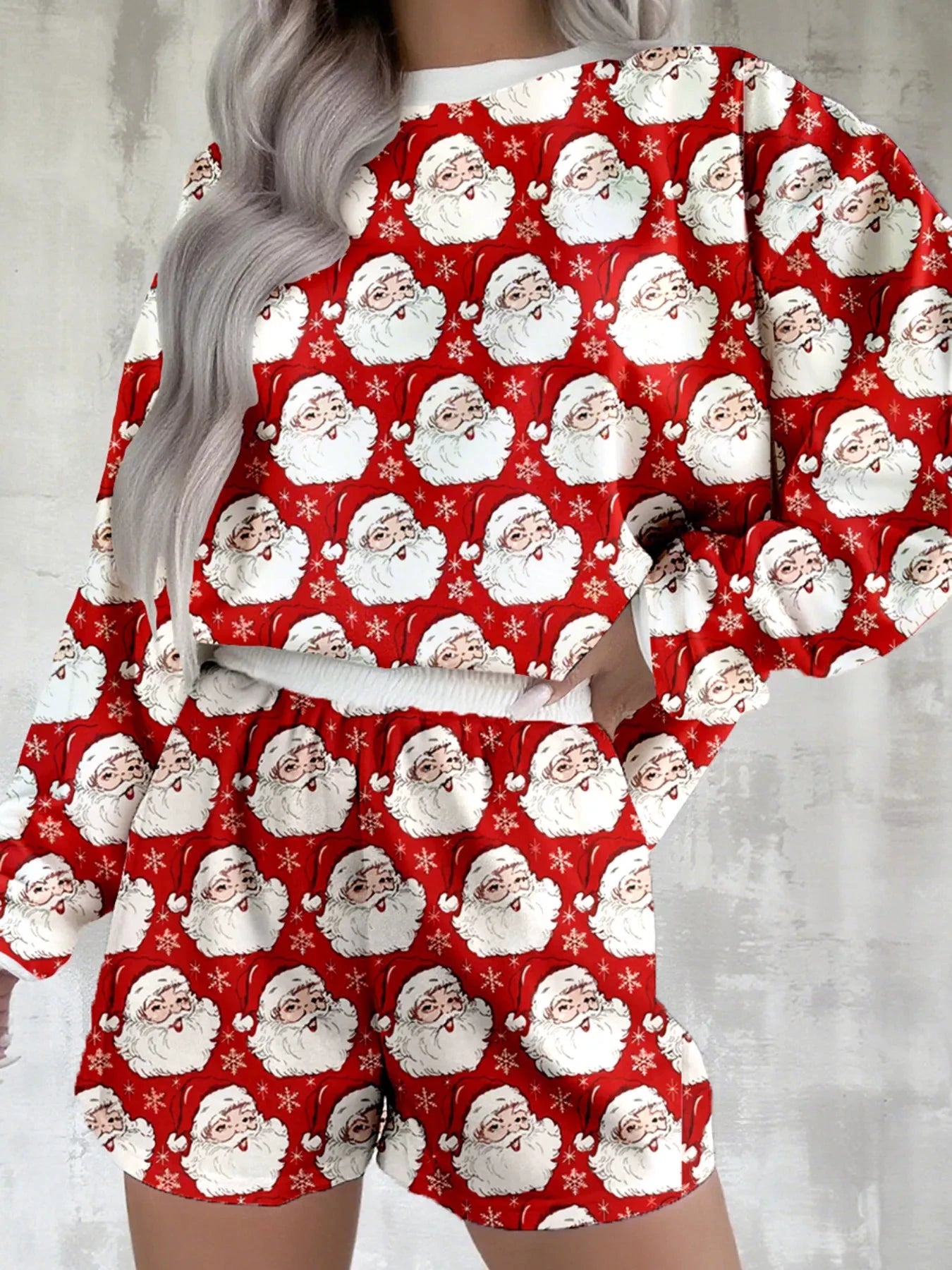 Christmas Santa Print Round Neck Top and Shorts Lounge Set by Trendsi