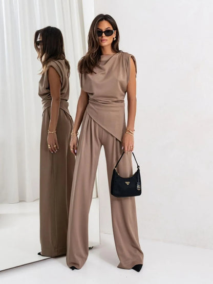 Slit Ruched Top and Wide Leg Pants Set by Trendsi