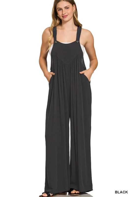 Zenana Woven Rayon Crepe Wide Leg Overalls by Trendsi