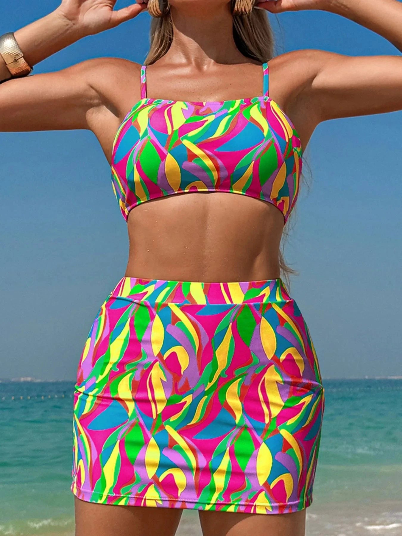 Multicolour Abstract Print Textured Spaghetti Strap High Waist Bikini Set by Trendsi