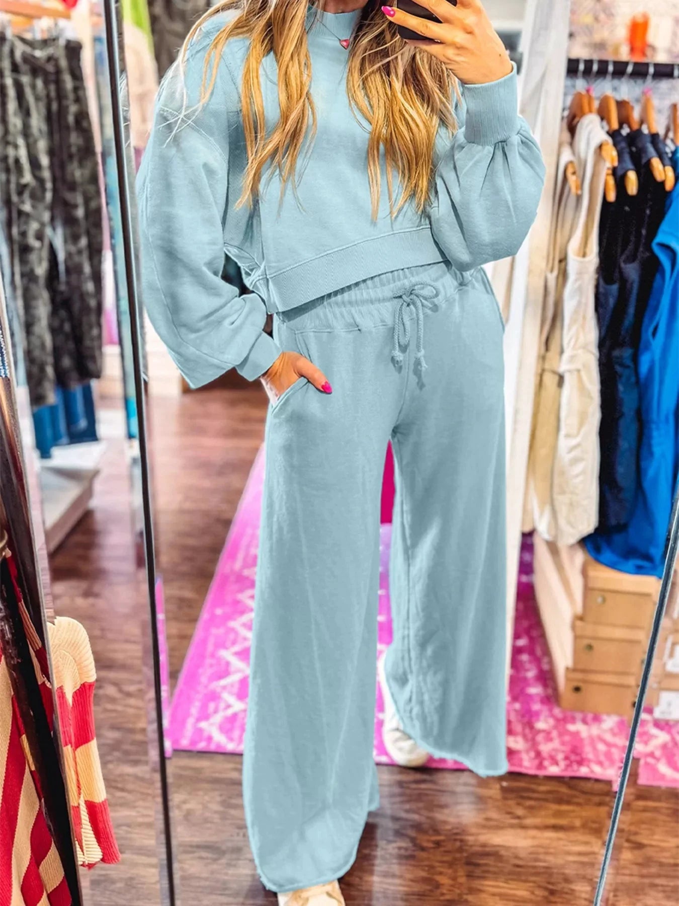 Drop Shoulder Puff Sleeve Crop Top and Drawstring Wide Leg Pants Set by Trendsi