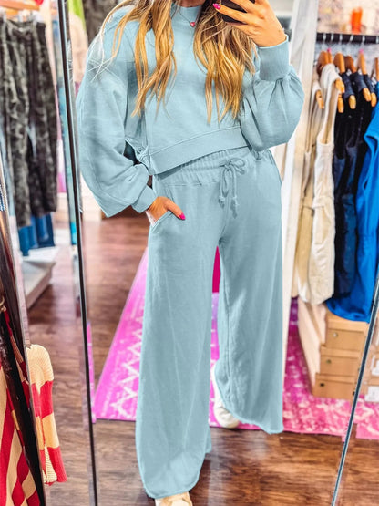 Drop Shoulder Puff Sleeve Crop Top and Drawstring Wide Leg Pants Set by Trendsi