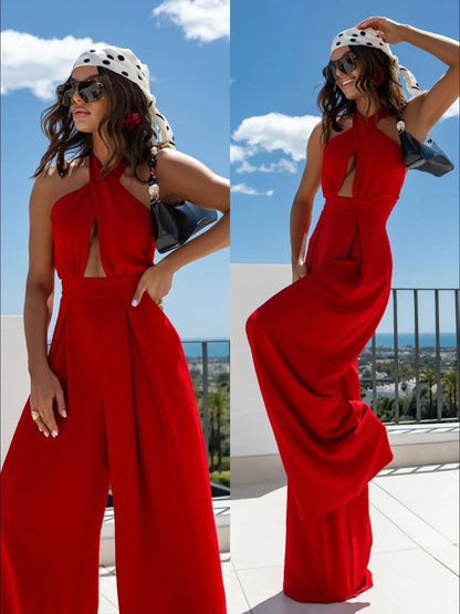 Wide Leg Cutout Halter Neck Jumpsuit by Trendsi