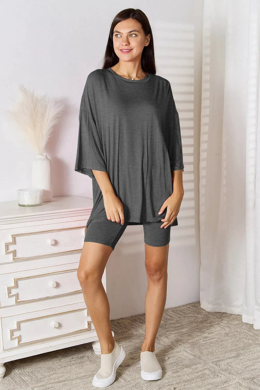 Basic Bae Full Size Soft Rayon Three-Quarter Sleeve Top and Shorts Set by Trendsi