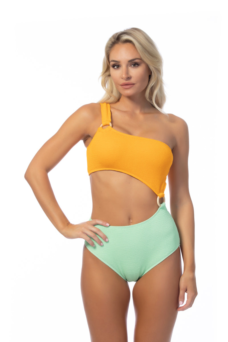 Two-Tone Textured One-Shoulder Swimsuit