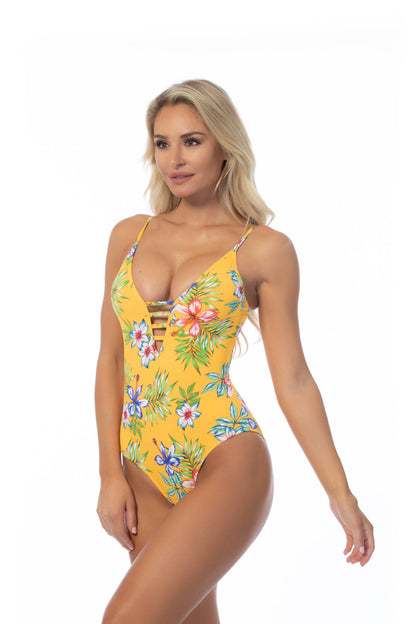 YELLOW ISLAND PRINT ONE PIECE SWIMSUIT