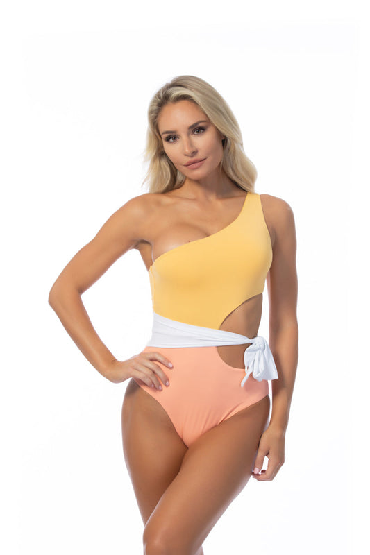 COLOR BLOCKING ONE SHOULDER CUTOUT ONE PIECE
