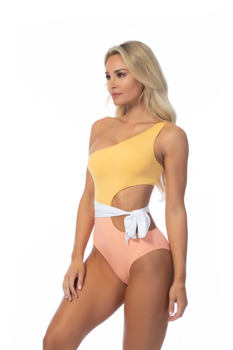 COLOR BLOCKING ONE SHOULDER CUTOUT ONE PIECE by Beach Joy Bikini