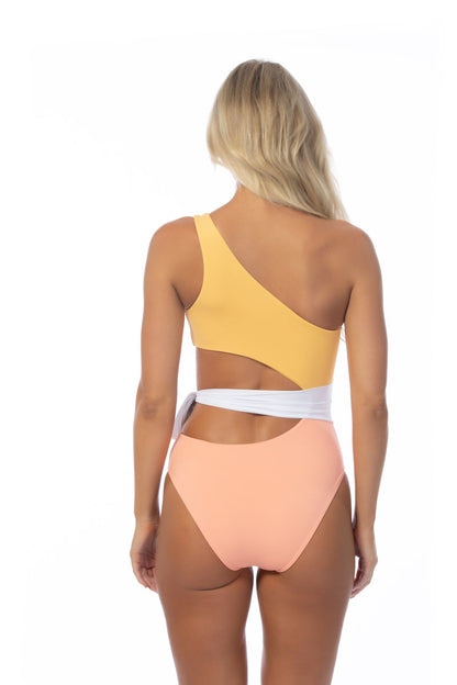 COLOR BLOCKING ONE SHOULDER CUTOUT ONE PIECE