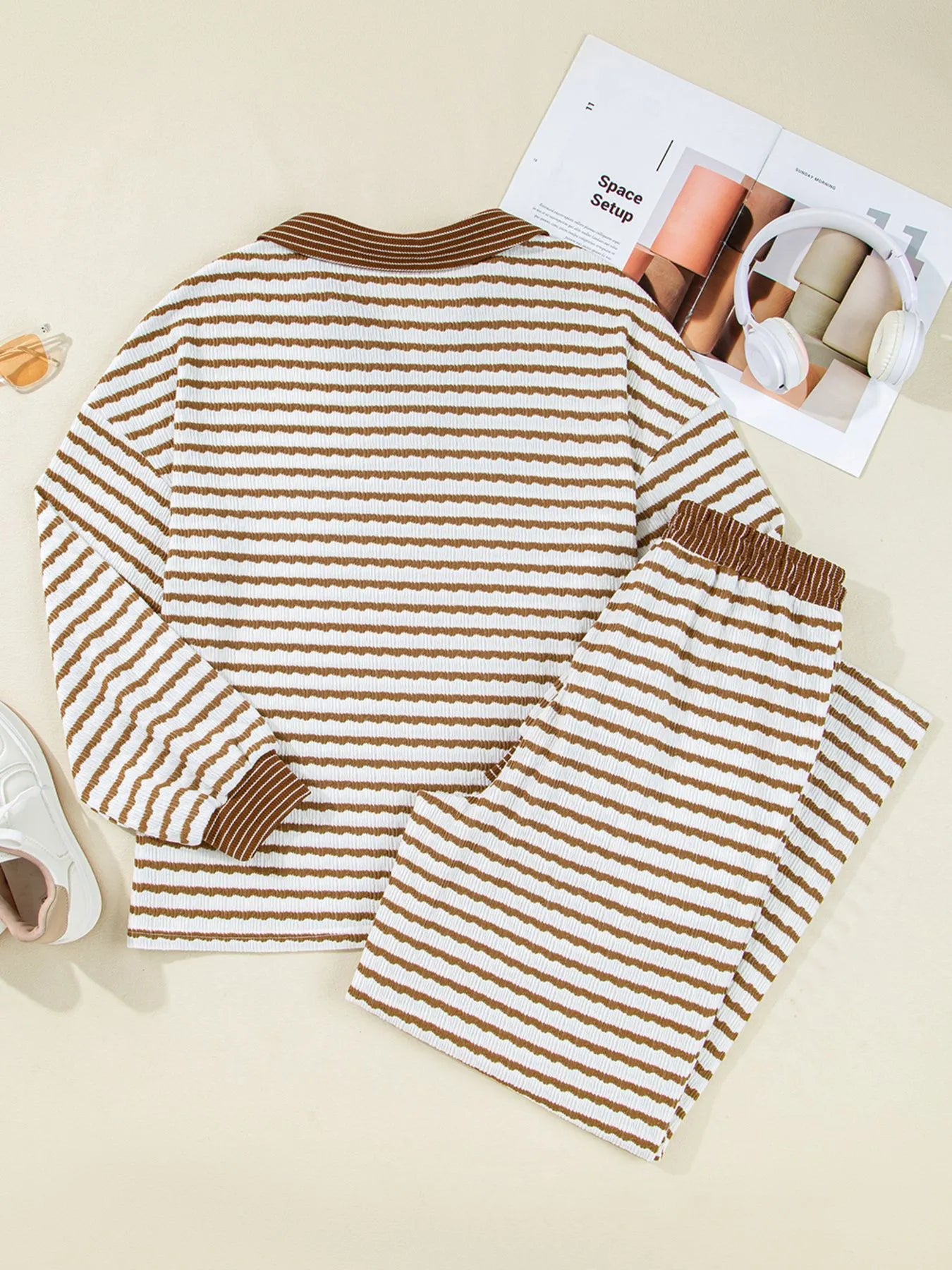 Stripe Collared Top and Drawstring Pant Set by Trendsi