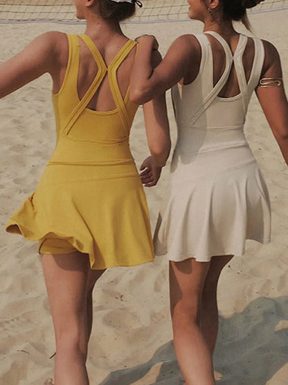 V-Neck Wide Strap Active Dress with Unitard Liner by Trendsi