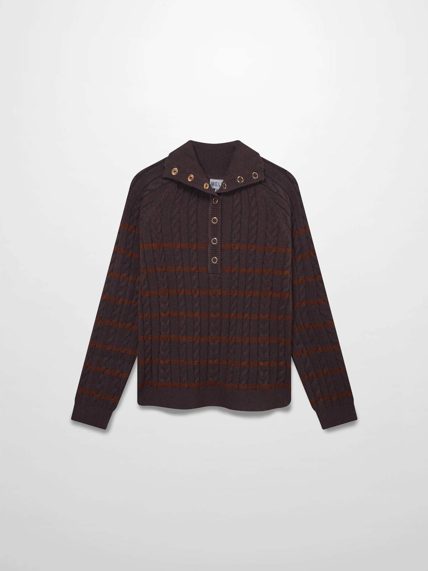 Shawl Snap Collar Striped Cable Sweater-Grey/Brown by MELI
