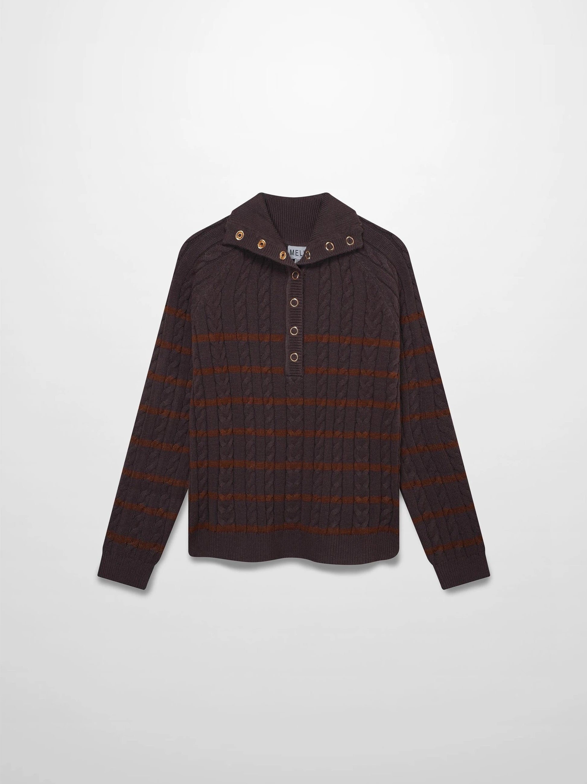 Shawl Snap Collar Striped Cable Sweater-Grey/Brown by MELI