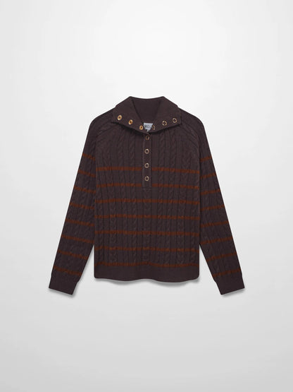 Shawl Snap Collar Striped Cable Sweater-Grey/Brown by MELI
