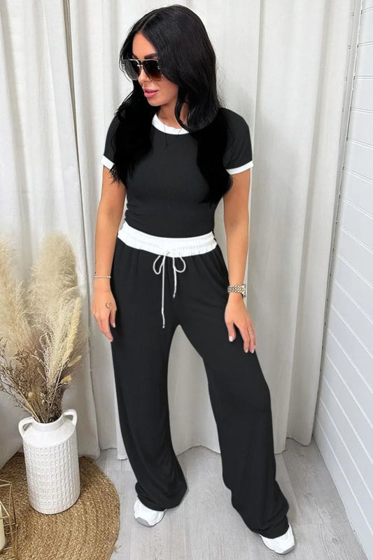 Contrast Trim Round Neck Top and Pants Set by Trendsi