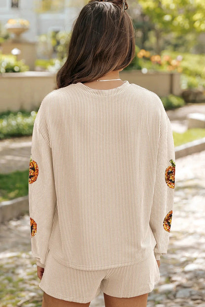 Sequin Pumpkin Round Neck Top and Shorts Set by Trendsi