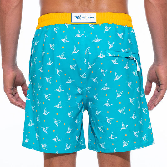 Mens Luxury Swim Trunks | Kolibri Monogram in Aquamarine