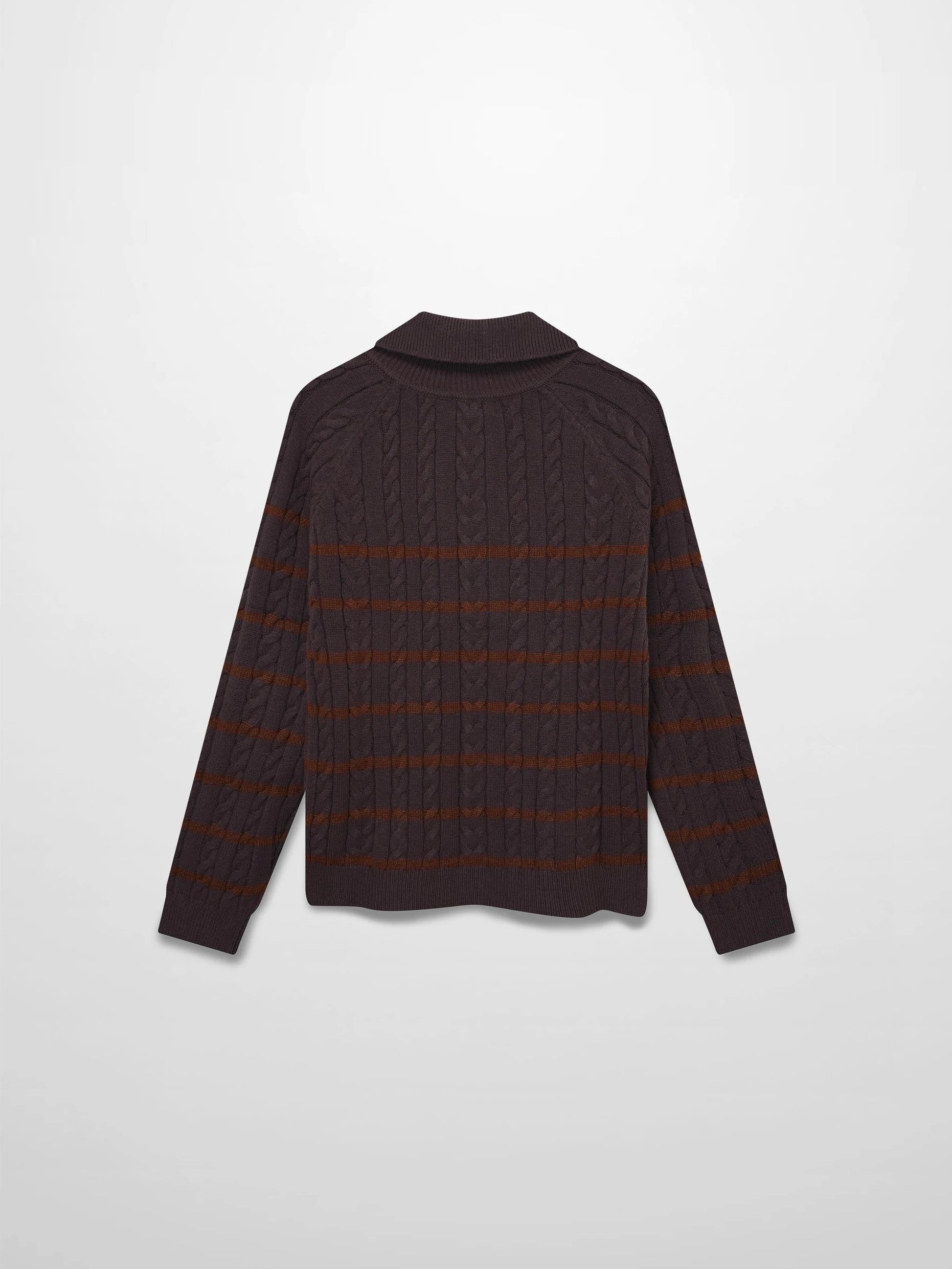 Shawl Snap Collar Striped Cable Sweater-Grey/Brown by MELI