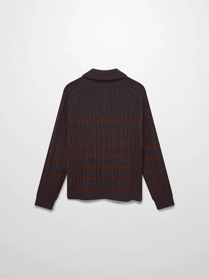 Shawl Snap Collar Striped Cable Sweater-Grey/Brown by MELI