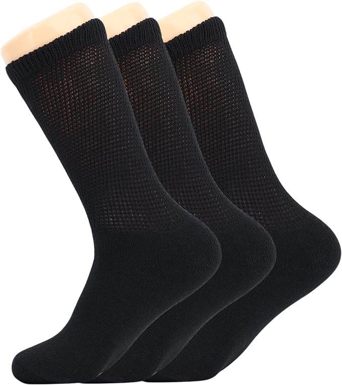Men's Diabetic Loose Fit Non - Binding Crew Socks, 3 Pairs, Cushioned Sole, Sizes 9 - 11, 10 - 13, 13 - 15 - Ansley Effect