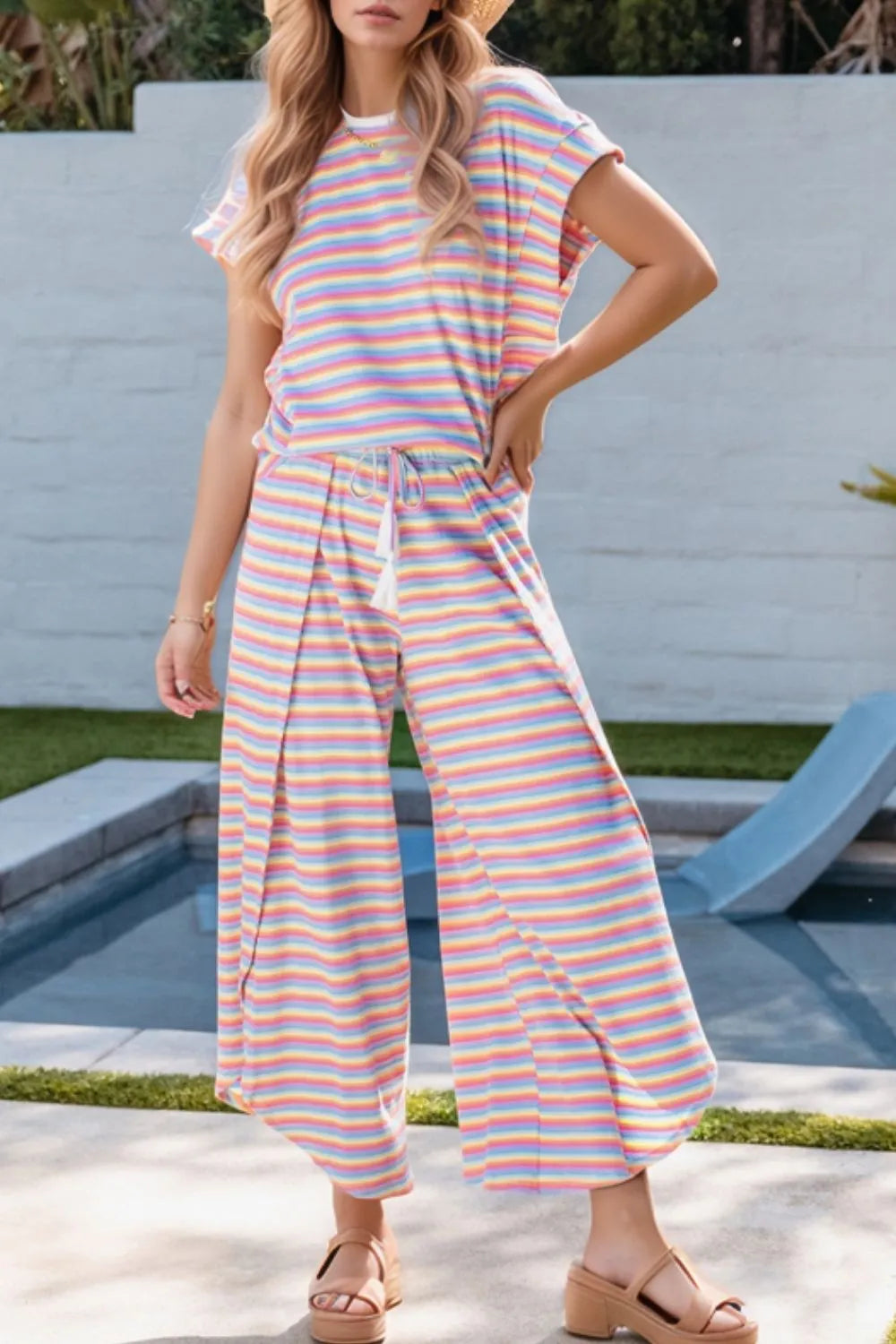 Striped Round Neck Short Sleeve Top and Pants Set by Trendsi