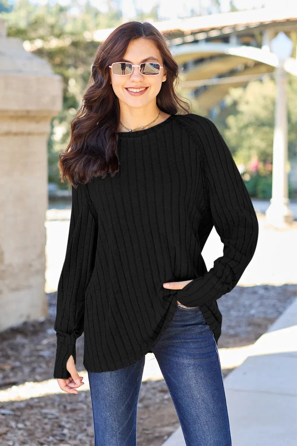 Basic Bae Full Size Ribbed Round Neck Long Sleeve Knit Top by Trendsi
