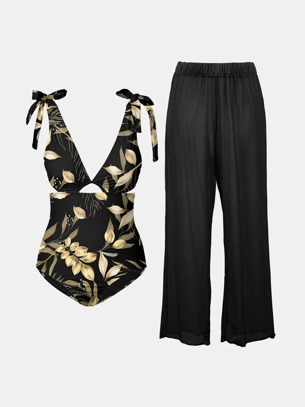 FAM-FAM Cutout Tied Bodysuit and Pants Swim Set by Trendsi