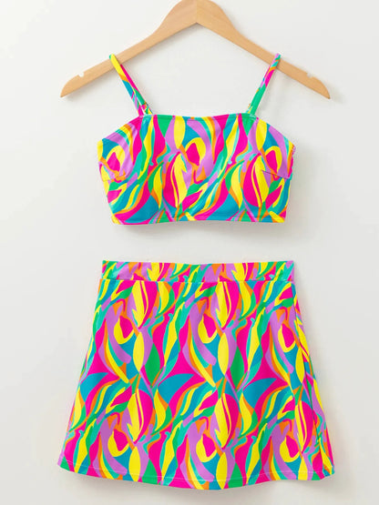 Multicolour Abstract Print Textured Spaghetti Strap High Waist Bikini Set by Trendsi