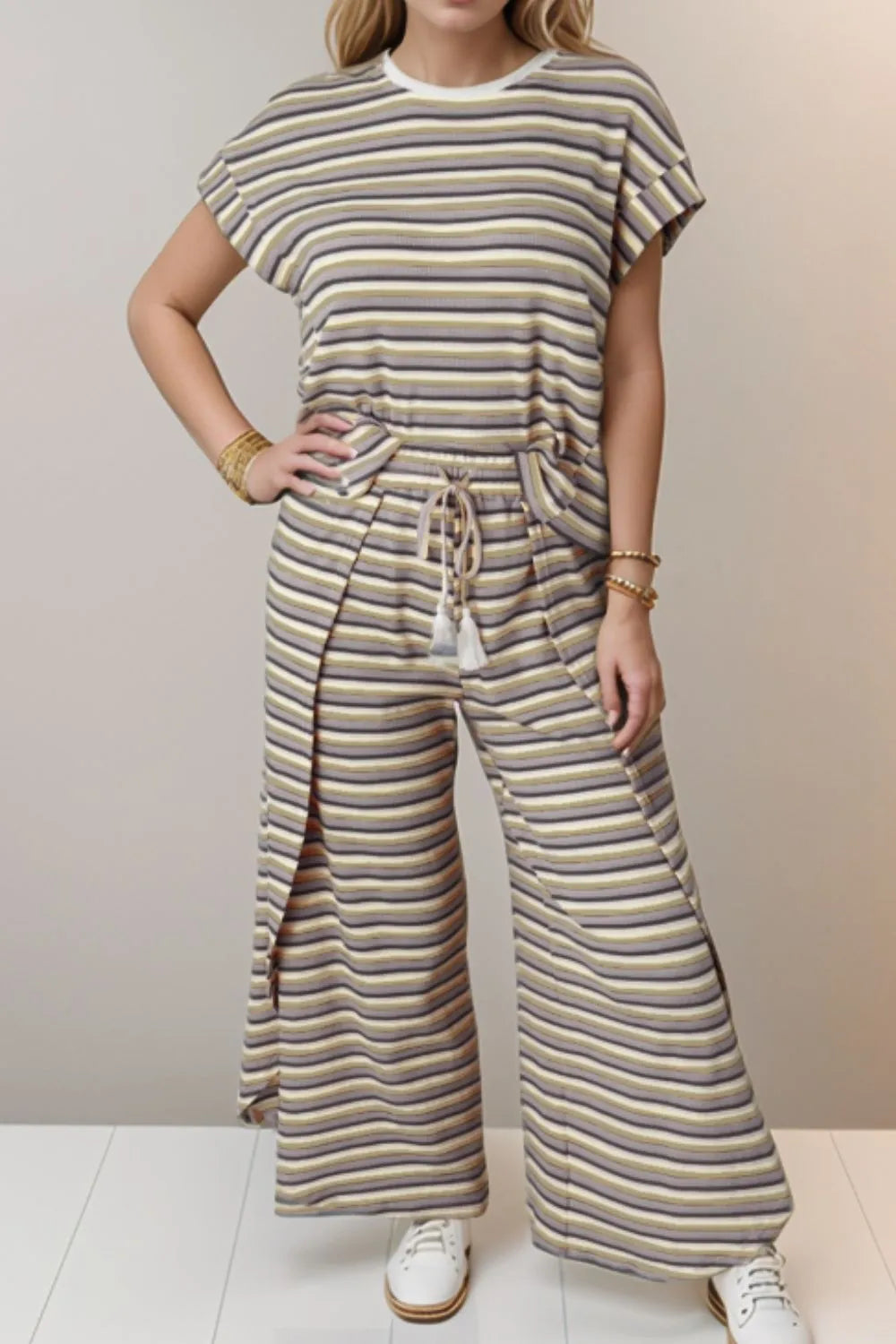 Striped Round Neck Short Sleeve Top and Pants Set by Trendsi