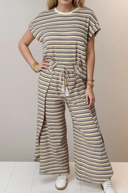 Striped Round Neck Short Sleeve Top and Pants Set by Trendsi