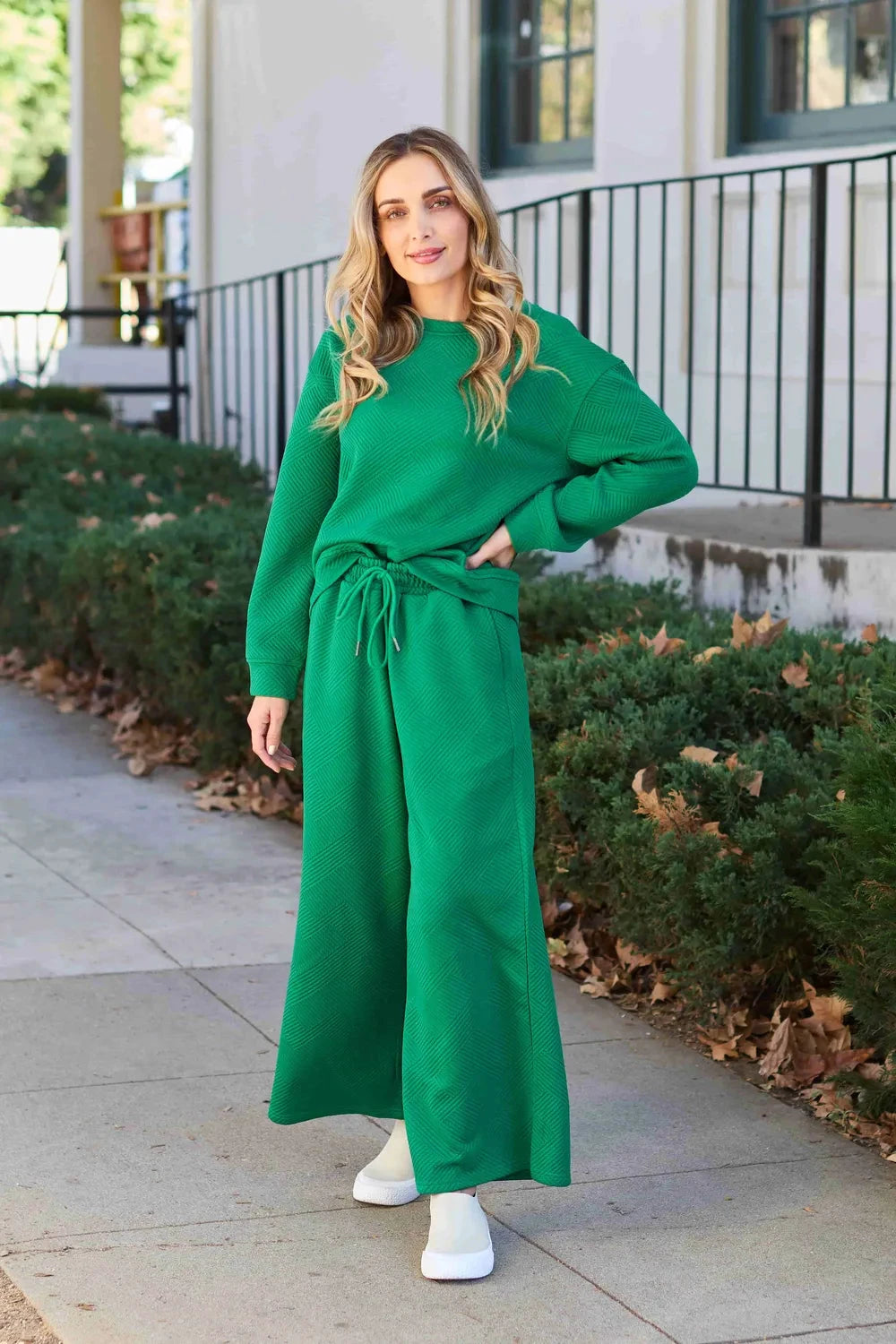 Double Take Full Size Textured Long Sleeve Top and Drawstring Pants Set by Trendsi