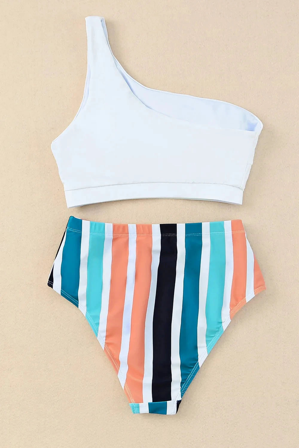 Striped One Shoulder Two-Piece Swim Set by Trendsi