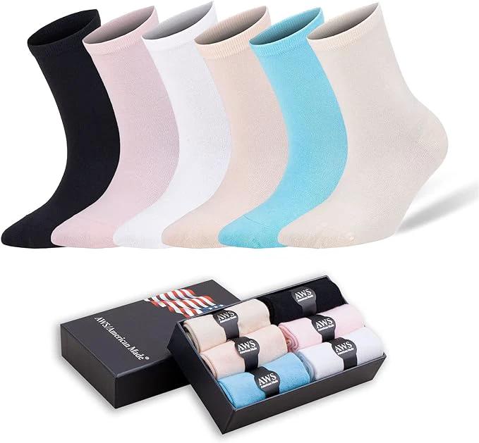 Crew Socks for Women Size 6-9 Seamless Toe 6 Pairs with Gift Box by AWS/American Made