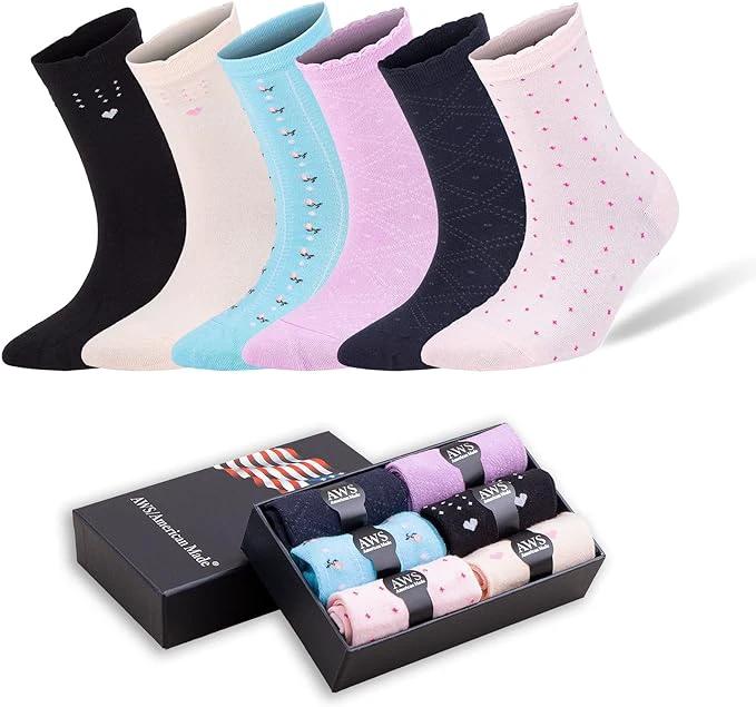 Crew Socks for Women Size 6-9 Seamless Toe 6 Pairs with Gift Box by AWS/American Made
