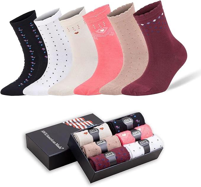 Crew Socks for Women Size 6-9 Seamless Toe 6 Pairs with Gift Box by AWS/American Made