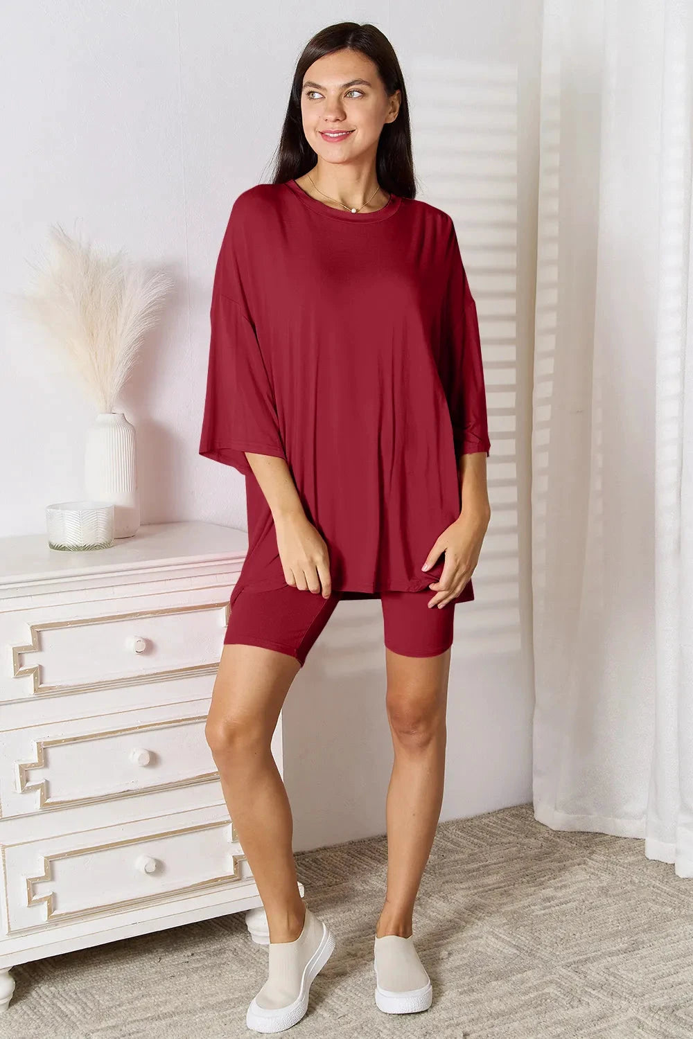 Basic Bae Full Size Soft Rayon Three-Quarter Sleeve Top and Shorts Set by Trendsi
