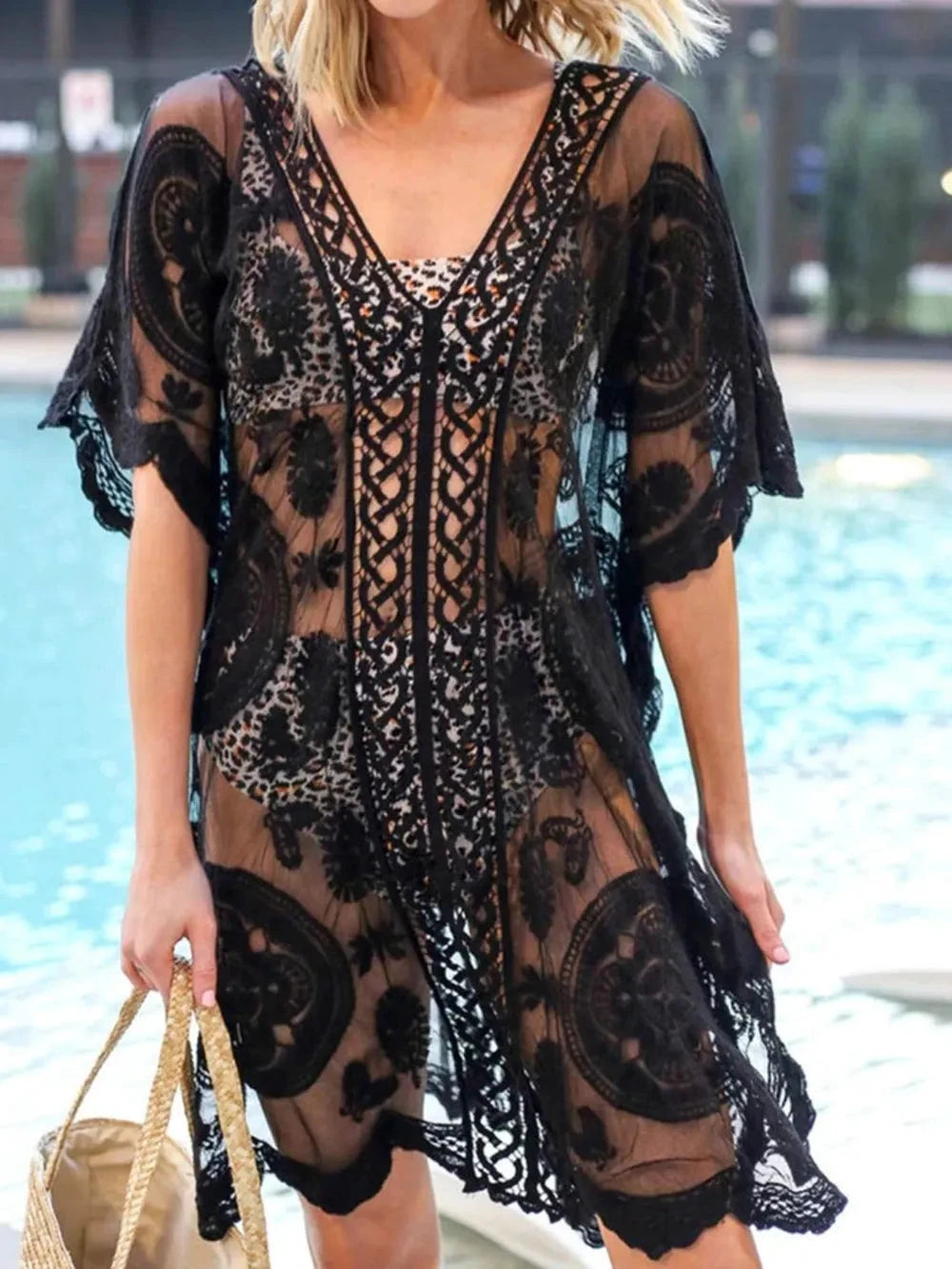 Lace V-Neck Half Sleeve Cover-Up by Trendsi