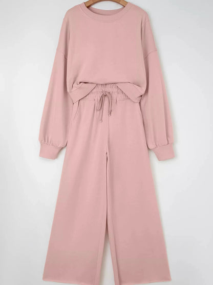 Drop Shoulder Puff Sleeve Crop Top and Drawstring Wide Leg Pants Set by Trendsi