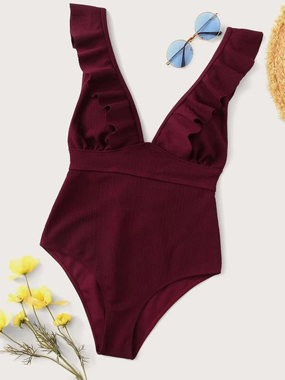 Ruffle-Trim V-Neck One-Piece Swimsuit