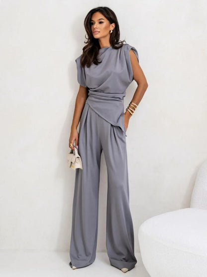 Slit Ruched Top and Wide Leg Pants Set by Trendsi
